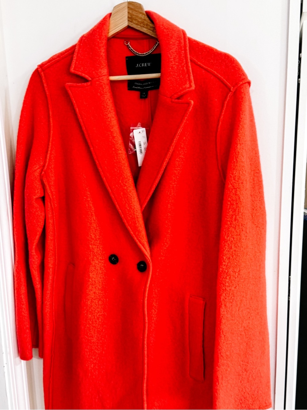 J. Crew Bright Cerise (coral red) Double-Breasted Wool Boucle Coat NWT - Picture 2 of 9
